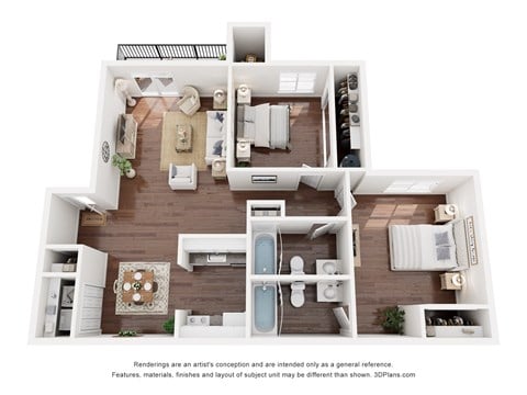 Floor plan for 2 beds, 2 baths, 864 sqft